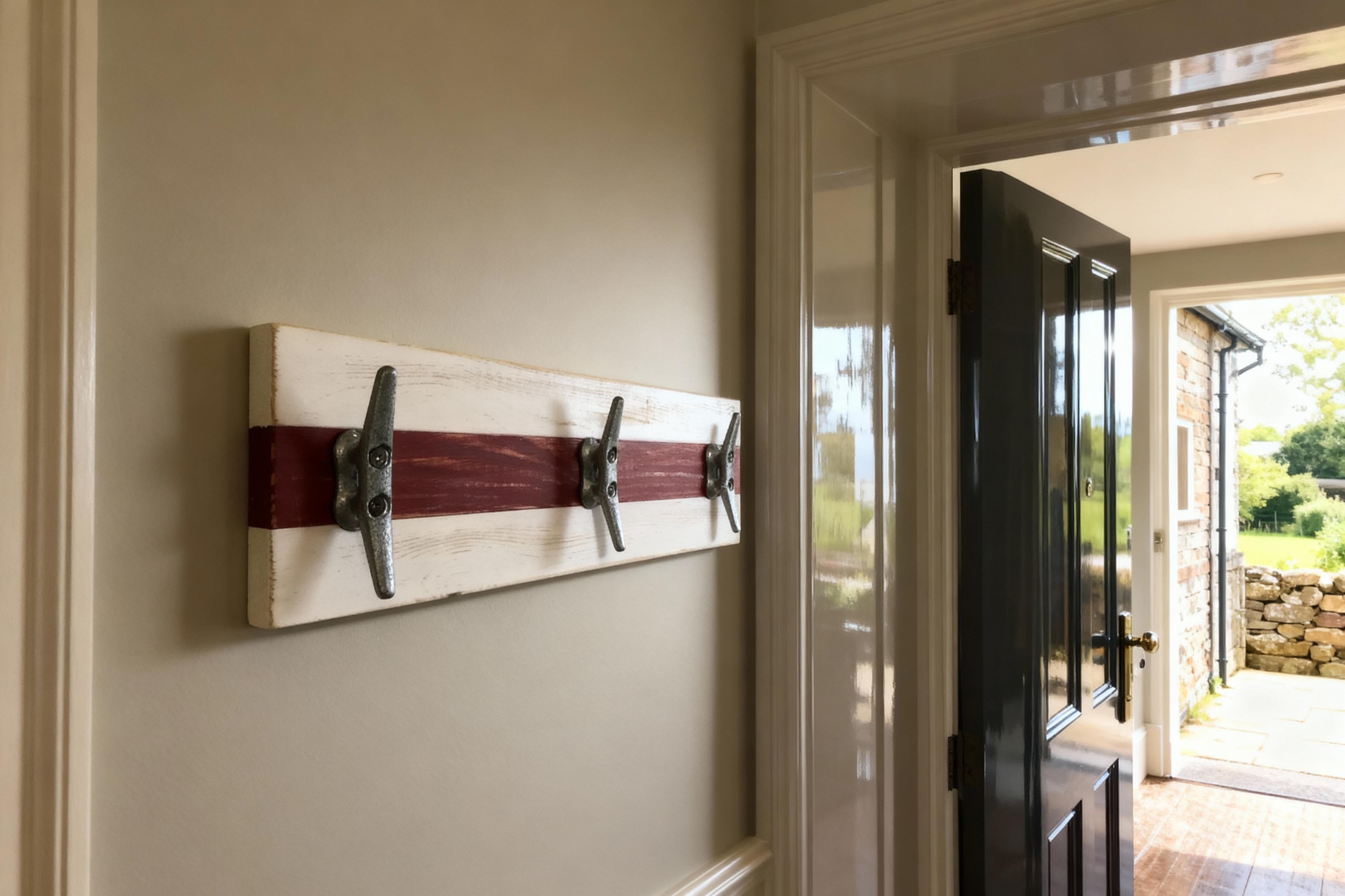 Handmade wooden coat rack in a customer home in London