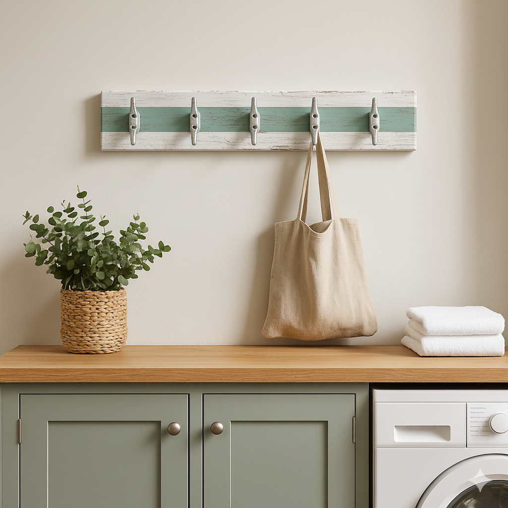 Bespoke wall mounted coat rack made to measure for a utility room, in solid redwood